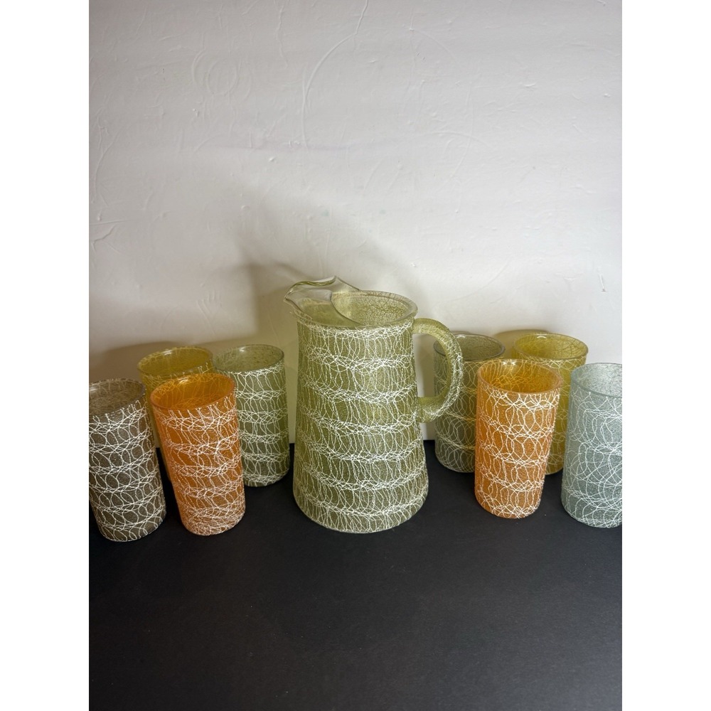 Vintage MCM Color Craft Spaghetti Ice Glass Pitcher Set w/ 8 Tumblers Multicolor